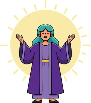 Woman in purple robe with teal hair meditating with sun halo around head illustration spiritual theme vector