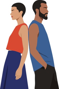 Man and woman standing back to back in casual summer clothing illustration vector
