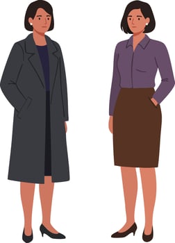 Two professional women standing in business attire with dark coat and purple blouse for office environment illustration vector