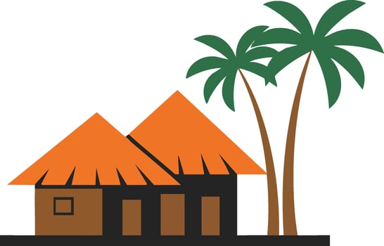 Traditional tropical huts with palm trees and orange thatched roofs illustration design vector