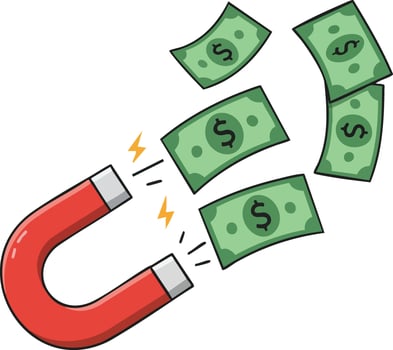 Magnet attracting flying dollar bills money concept illustration for financial success and wealth generation vector