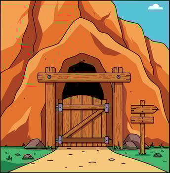 Mountain cave entrance with wooden door and signpost in natural landscape scenery illustration vector
