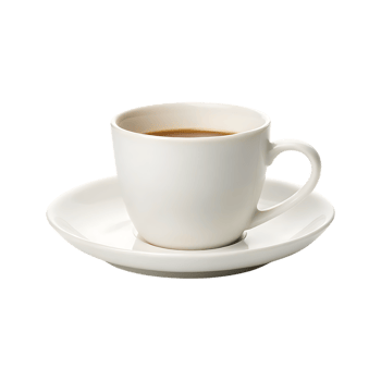 White ceramic coffee cup with brown liquid on saucer image png