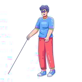 blind man walking with a cane. The blind person is wearing sunglasses and casual clothes, symbolizing independence, accessibility, and inclusion for people with disabilities. vector