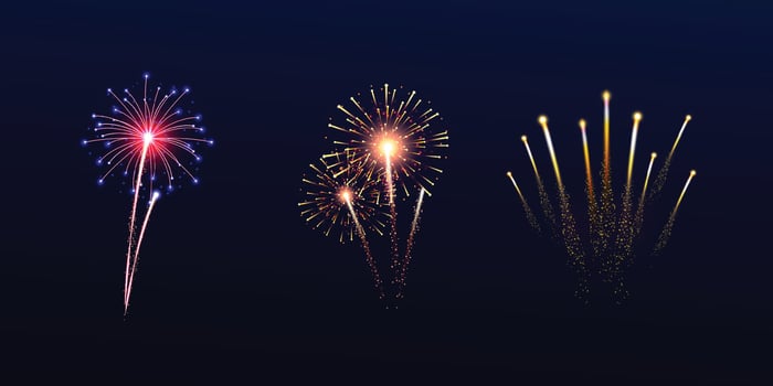 Realistic colorful pyrotechnic fireworks explosions on a dark black background, ideal for celebrations, New Year's, Independence Day, or festive illustrations vector