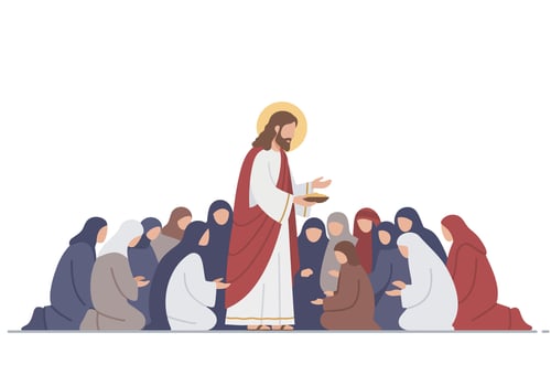 Jesus is surrounded by people in a church vector