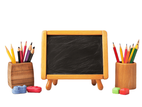 Small chalkboard with pencils and erasers isolated on transparent background png