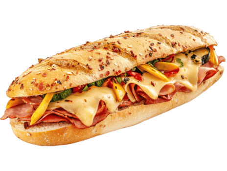 Delicious italian sub sandwich with melted cheese isolated on transparent background png