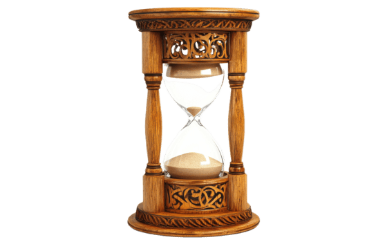 Ornate wooden hourglass with sand flowing isolated on transparent background png