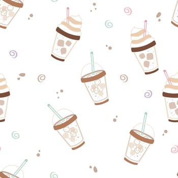 Seamless outline pattern with iced coffee drinks vector