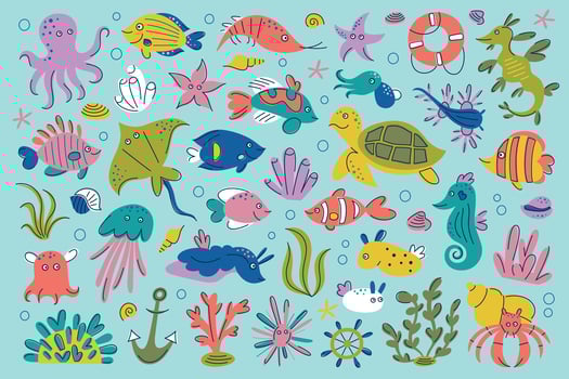 Flat cartoon illustration set of colorful fish and exotic sea animals in kids style. Coral reef underwater world with ocean wildlife, sea plants, marine creatures, shells for childrens designs vector