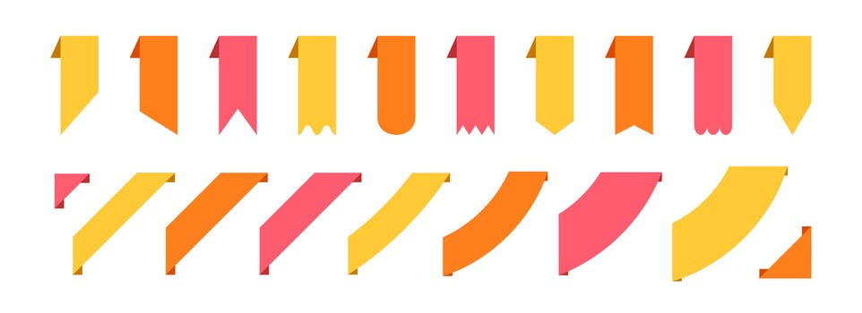 Bookmarks and ribbon banners set. Yellow, orange and red note and mark element collection. Different labels and badges pack for promotion, product decoration, price tag, discount sticker. vector