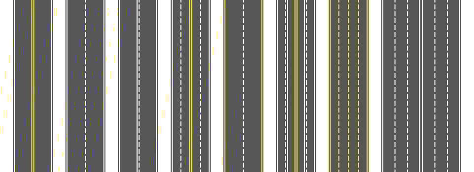 Top view road markings set. Highway lanes and race tracks set. Seamless straight street road pack. Town or city pavement asphalt repeated patten. Vertical roadway drive stripes bundle. vector