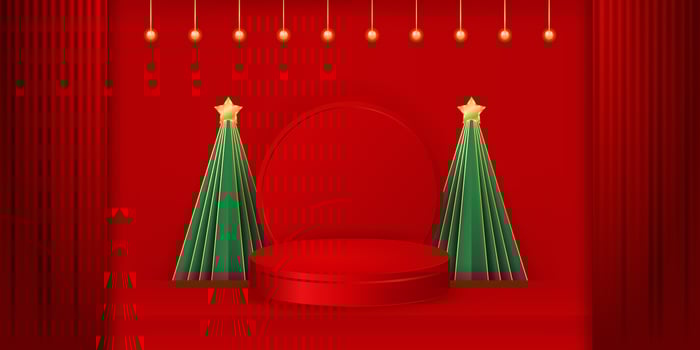 Christmas display with red background and trees vector