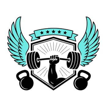 Fitness Emblem with Dumbbell, Wings, and Kettlebells vector