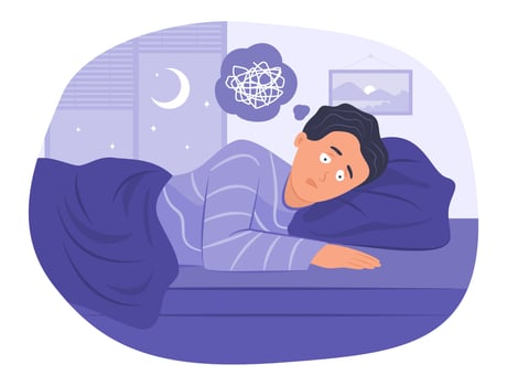 Insomnia Man Lying in Bed with Stress and Confused Feeling for Sleepless Concept Illustration vector