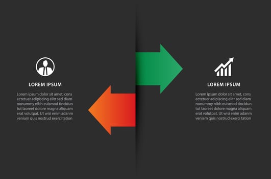 2 data infographics arrow left and right layout template. Illustration red and green arrow abstract background. vector
