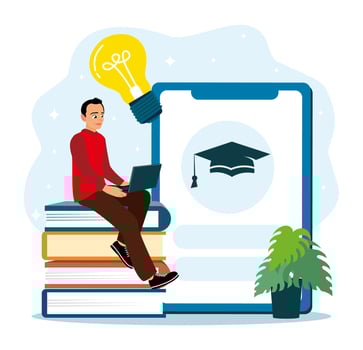 Student using laptop on books vector