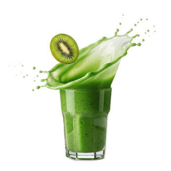 Vibrant green smoothie splashing from a glass, accompanied by a fresh kiwi slice. Perfect for health, nutrition, and beverage concepts. png