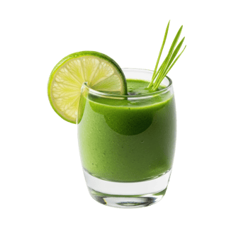 A vibrant green smoothie in a clear glass, garnished with a fresh lime slice and green stalks, perfect for promoting health and wellness. png