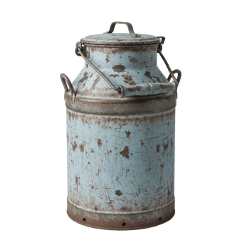 An old, weathered light blue milk can with a lid and handle, showing signs of rust and wear. Perfect for rustic decor or farm themed designs. png