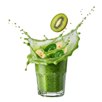 A vibrant green smoothie splashes out of a glass, featuring fresh kiwi, banana slices, and spinach leaves in motion. Perfect for healthy drink concepts. png