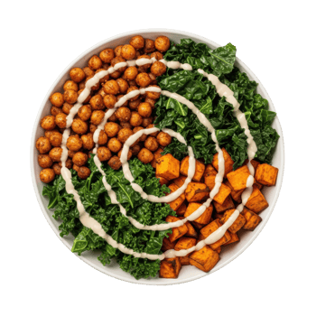 A vibrant and nutritious vegan power bowl featuring roasted chickpeas, fresh kale, and sweet potatoes, drizzled with a creamy dressing. png
