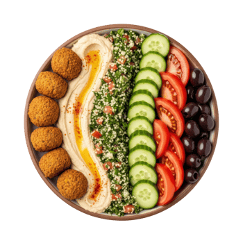 A colorful and healthy falafel bowl featuring crispy falafel, creamy hummus, fresh tabbouleh salad, sliced cucumbers, juicy tomatoes, and black olives. png