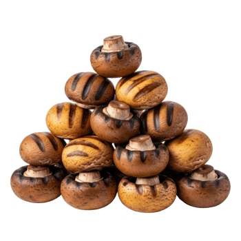 A pyramid of perfectly grilled mushrooms, some dark brown and some lighter, showing distinct char marks, ready for a healthy meal or side dish. png