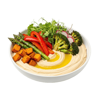A vibrant and healthy hummus bowl featuring creamy hummus, roasted sweet potatoes, asparagus, red bell peppers, and fresh greens, perfect for a nutritious meal. png