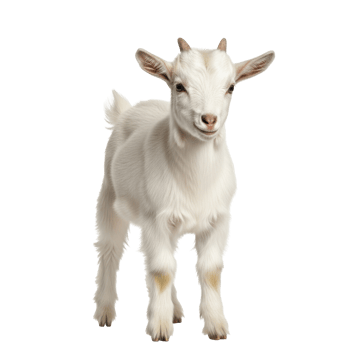 A cute white baby goat, also known as a kid, stands facing forward with small horns. This young farm animal is alert and curious, perfect for themes of agriculture or youth. png