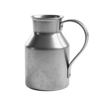 A vintage style aluminum milk jug with a handle, showcasing a rustic and durable design. Ideal for dairy concepts, kitchen decor, or beverage serving. png