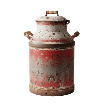 A weathered metal milk can, painted red and white with significant chipping and rust, featuring a classic design and wooden handle. Perfect for rustic decor. png