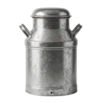 A weathered galvanized metal milk can with a lid and handles, featuring a distressed, rusty surface, perfect for rustic decor or farm themed designs. png
