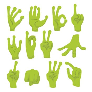 Set of Green Alien Hands collection with various gestures, reptile paw, UFO space adventures, hand drawn doodle alien's hands finger communication. illustration, isolated on white background. vector