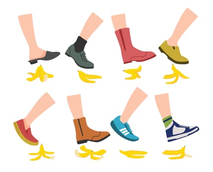 Set of stepping on banana peels collection, Accident and slippery floor concept, banana slip, Cartoon organic waste, diet failure concept. tripping illustration. vector