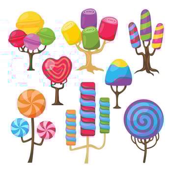 Set of Cartoon fantasy sweet land caramel trees. Fantasy nature, game design sweet candy landscape illustration set. caramel, ice cream and marshmallow trees. Fantasy caramel tree and candy. vector