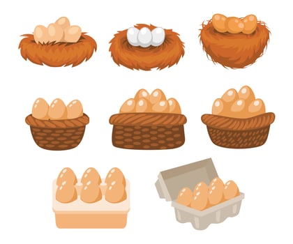 Different types of eggs in nests and baskets vector