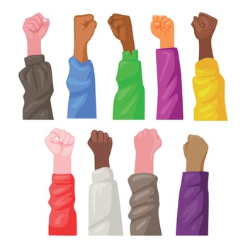 Set of Raised hand with clenched fist gesture collection, raised up fist in protest no war, revolution riot. freedom power, people right, activist democracy concept, illustration vector