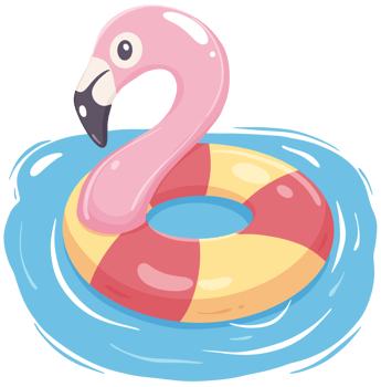 Cute pink flamingo head float ring in a pool, designed in a playful cartoon style perfect for summer and vacation themes png
