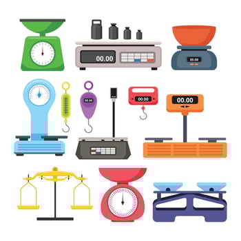 Set of electronic weight scales set collection, mechanical store measuring, kitchen shop measuring instrument isometric illustration set weight scales symbols measure scale electronic store. vector