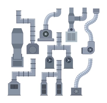 Set of Ventilation pipes of different shapes illustrations collection, drawings of vents, metal air ducts, tubes for factories, air conditioners, Ventilation, HVAC system concept. vector
