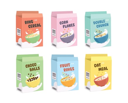 Colorful cereal boxes with assorted flavors vector