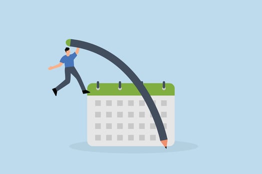 Flexible work schedule, businessman using pencil pole vault jumping over calendar vector