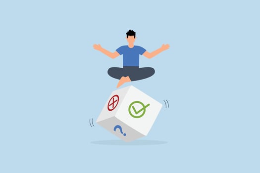 Business decision, businessman meditate rolling the dice think about outcome of true, false or question mark vector