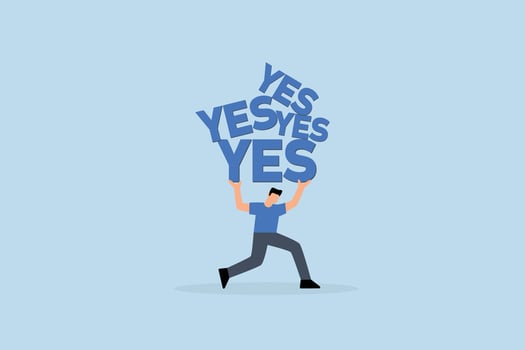Stop always saying yes, hard working businessman who carried the heavy burden of saying yes, agreed to help with other colleagues vector