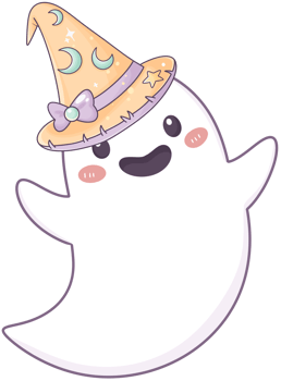 A cute ghost character wearing a whimsical hat adorned with stars and moons, featuring a cheerful expression and blush on its cheeks. png