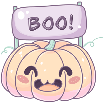 A cheerful cartoon pumpkin with a sign that says Boo featuring a smiling face and playful details. png