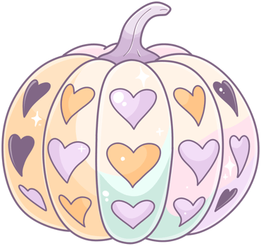 A whimsical pumpkin adorned with colorful heart cutouts, featuring a soft pastel color palette and a smooth, rounded shape. png
