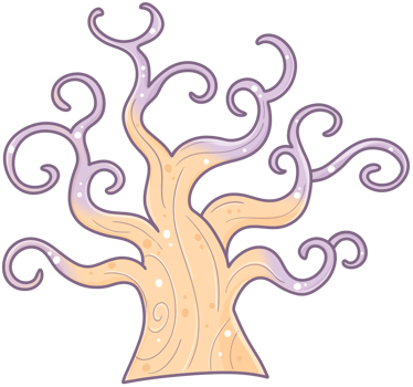 A whimsical tree with winding branches and a smooth trunk, featuring a blend of soft colors and decorative patterns. png